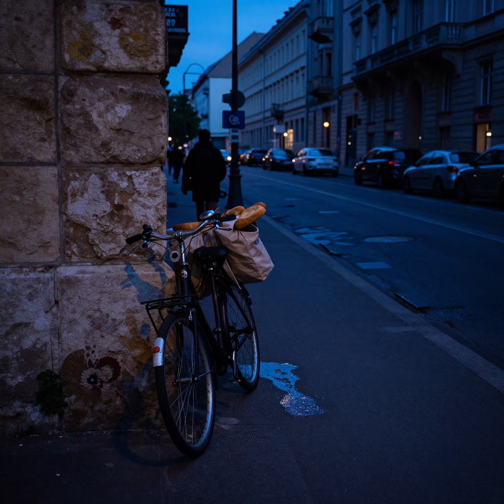 Predawn Budapest Street Scene with Bicycle and Grease Sheen in in Budapest, Hungary