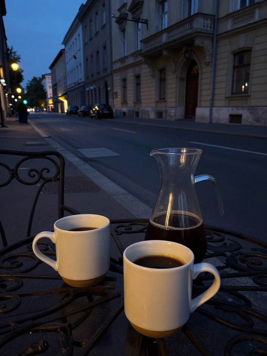Predawn Budapest Street Scene with Ceramic Mugs and Glass Carafe on Cobblestone in in Budapest, Hungary