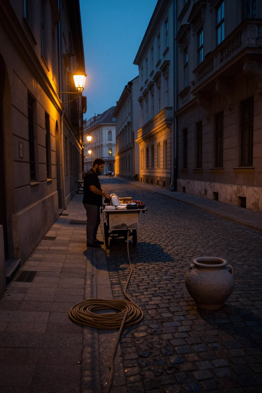 Predawn Budapest Street Scene with Coiled Rope and Stoneware Crocks in in Budapest, Hungary
