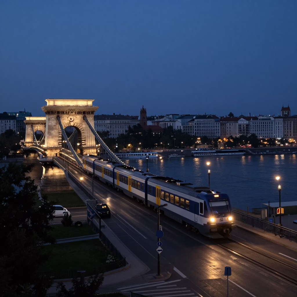 Predawn Budapest street scene with commuter train crossing Danube bridge in in Budapest, Hungary