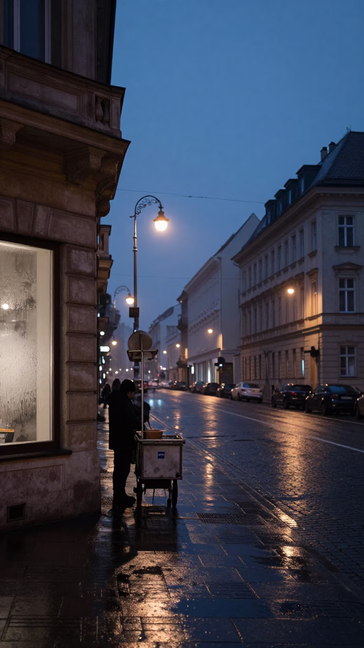 Predawn Budapest Street Scene with Condensation on Glass and Dusty Handle in in Budapest, Hungary