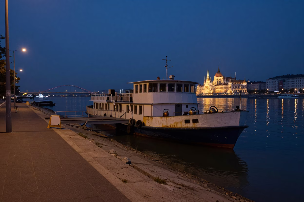 Predawn Budapest Street Scene with Ferry Ramp and Kettle Mineral Rings in in Budapest, Hungary