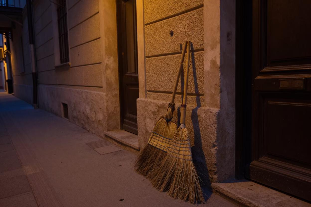 Predawn Budapest Street Scene with Hanging Brooms and Wicker Baskets in in Budapest, Hungary