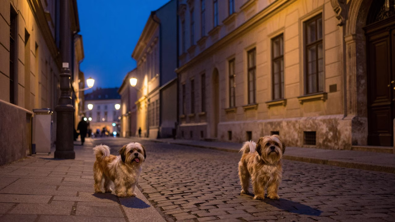Predawn Budapest Street Scene with Lhasa Apso and Vintage Tram in in Budapest, Hungary
