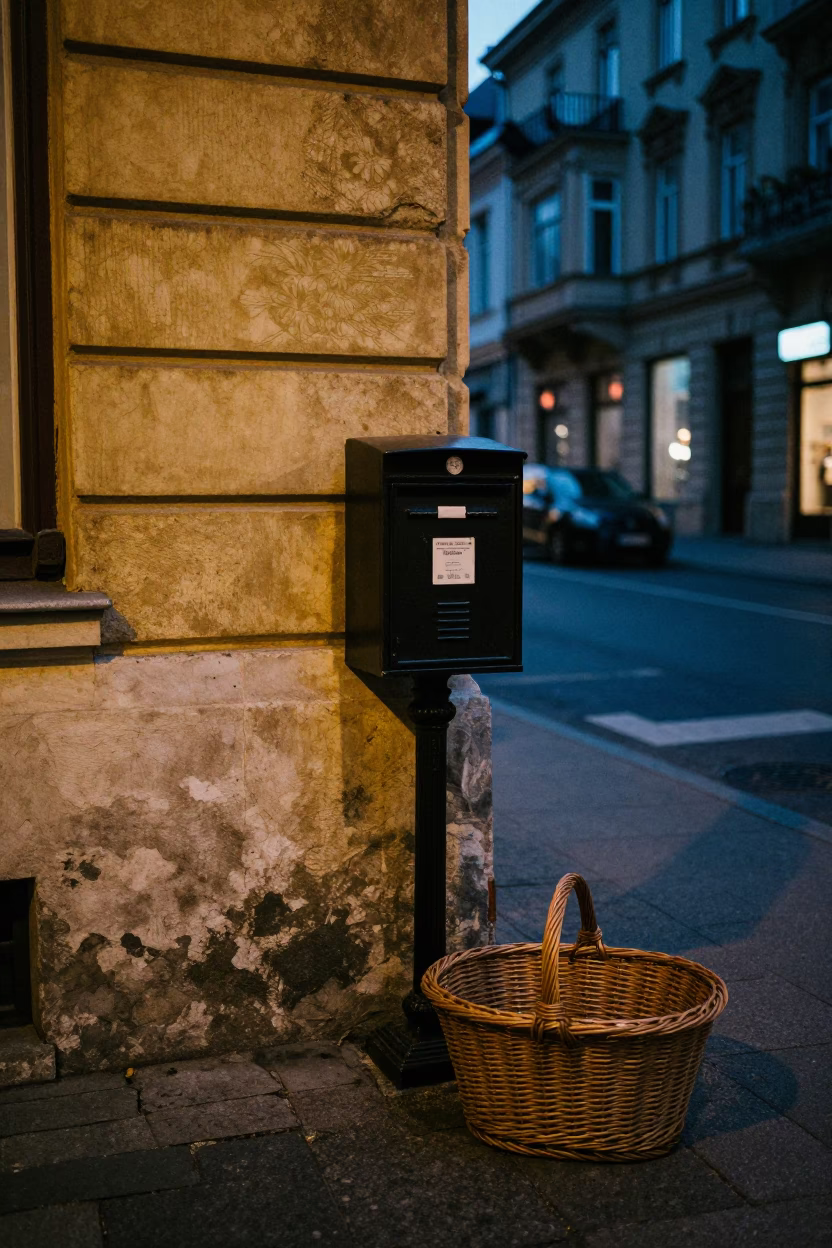 Predawn Budapest Street Scene with Mailbox and Wicker Hamper in Hungary in in Budapest, Hungary
