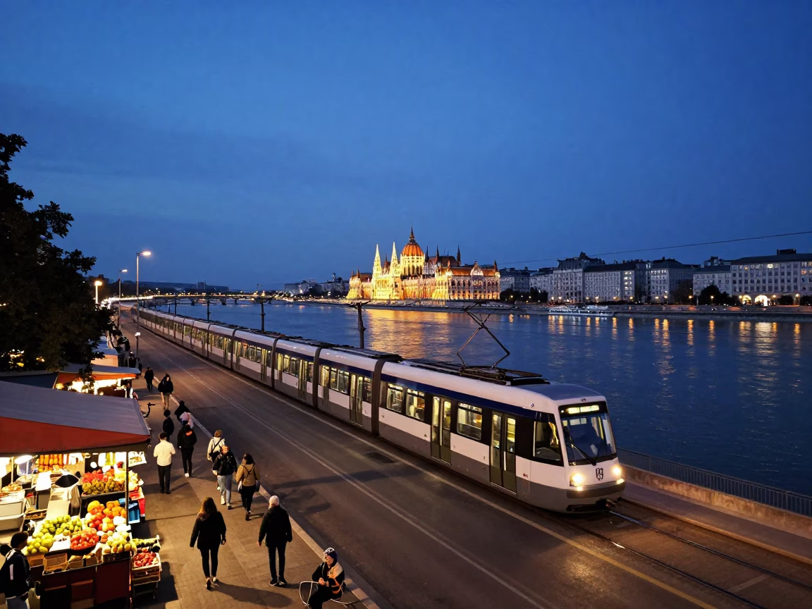 Predawn Budapest Street Scene with Monorail and Local Market Activity in in Budapest, Hungary