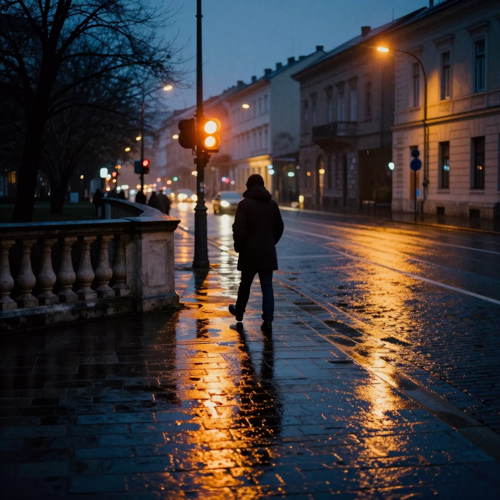 Predawn Budapest Street Scene with Rain Puddles and Amber Beacon Reflections in in Budapest, Hungary