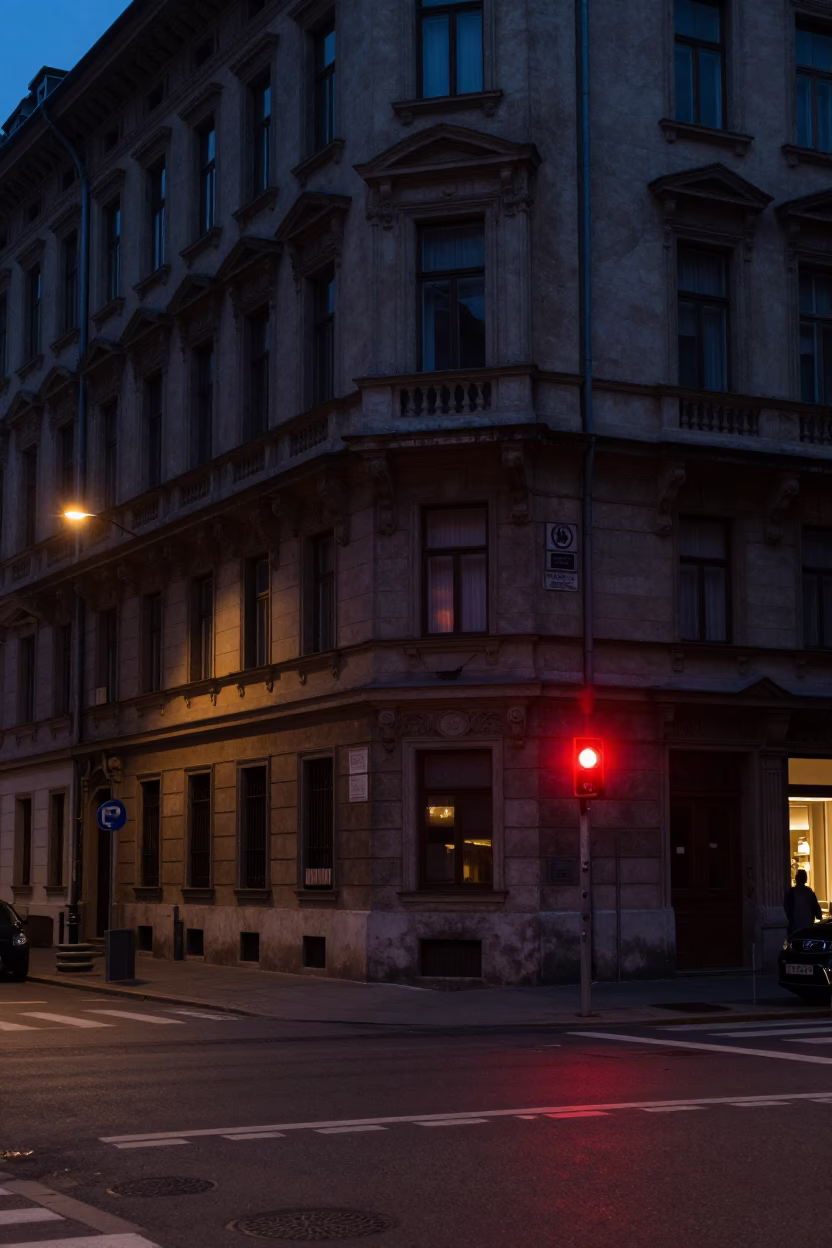 Predawn Budapest Street Scene with Red Beacon and Urban Infrastructure in Hungary in in Budapest, Hungary