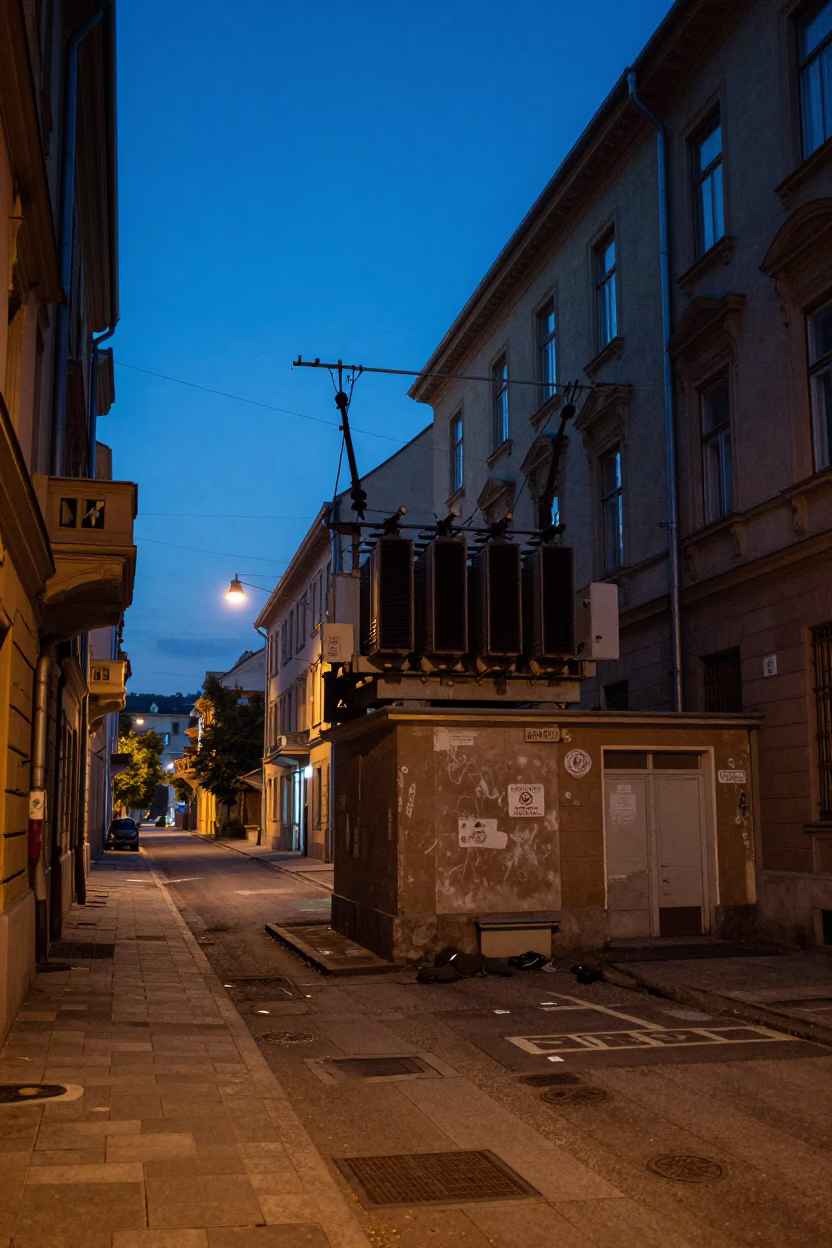 Predawn Budapest Street Scene with Substation Transformer and Faint City Lights in in Budapest, Hungary