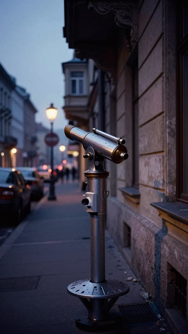 Predawn Budapest Street Scene with Telescope and Urban Decay in in Budapest, Hungary