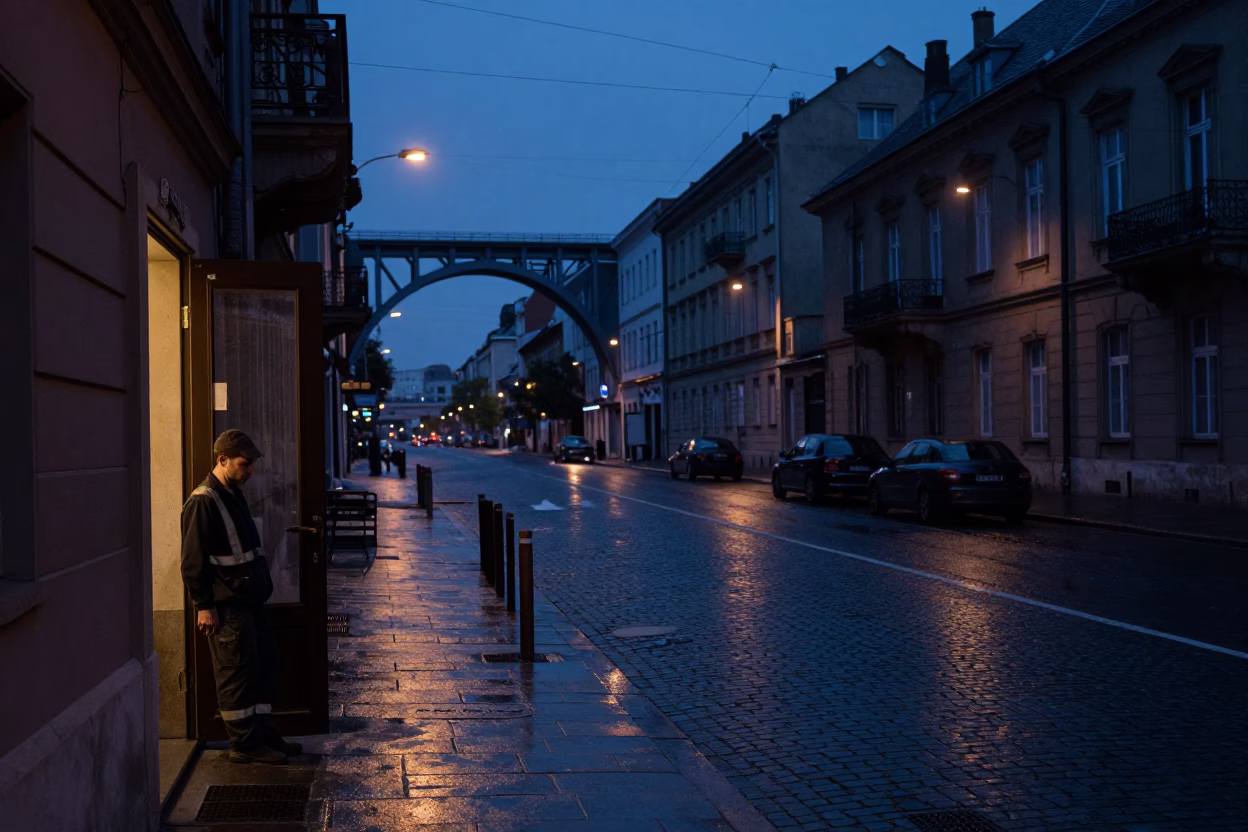 Predawn Budapest Street Scene with Tool Rolls and Viaduct Shadows in in Budapest, Hungary