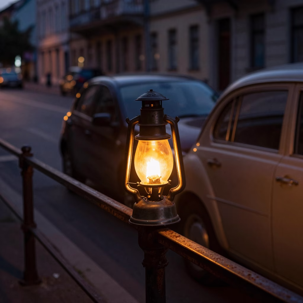 Predawn Budapest Street Scene with Vintage Car and Hurricane Lamp in in Budapest, Hungary