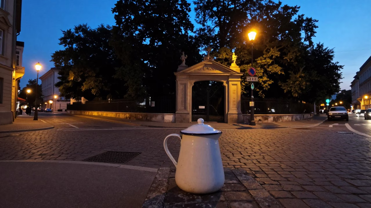 Predawn Budapest Street Scene with Vintage Enamel Pitcher and Birch Grove Reflections in in Budapest, Hungary