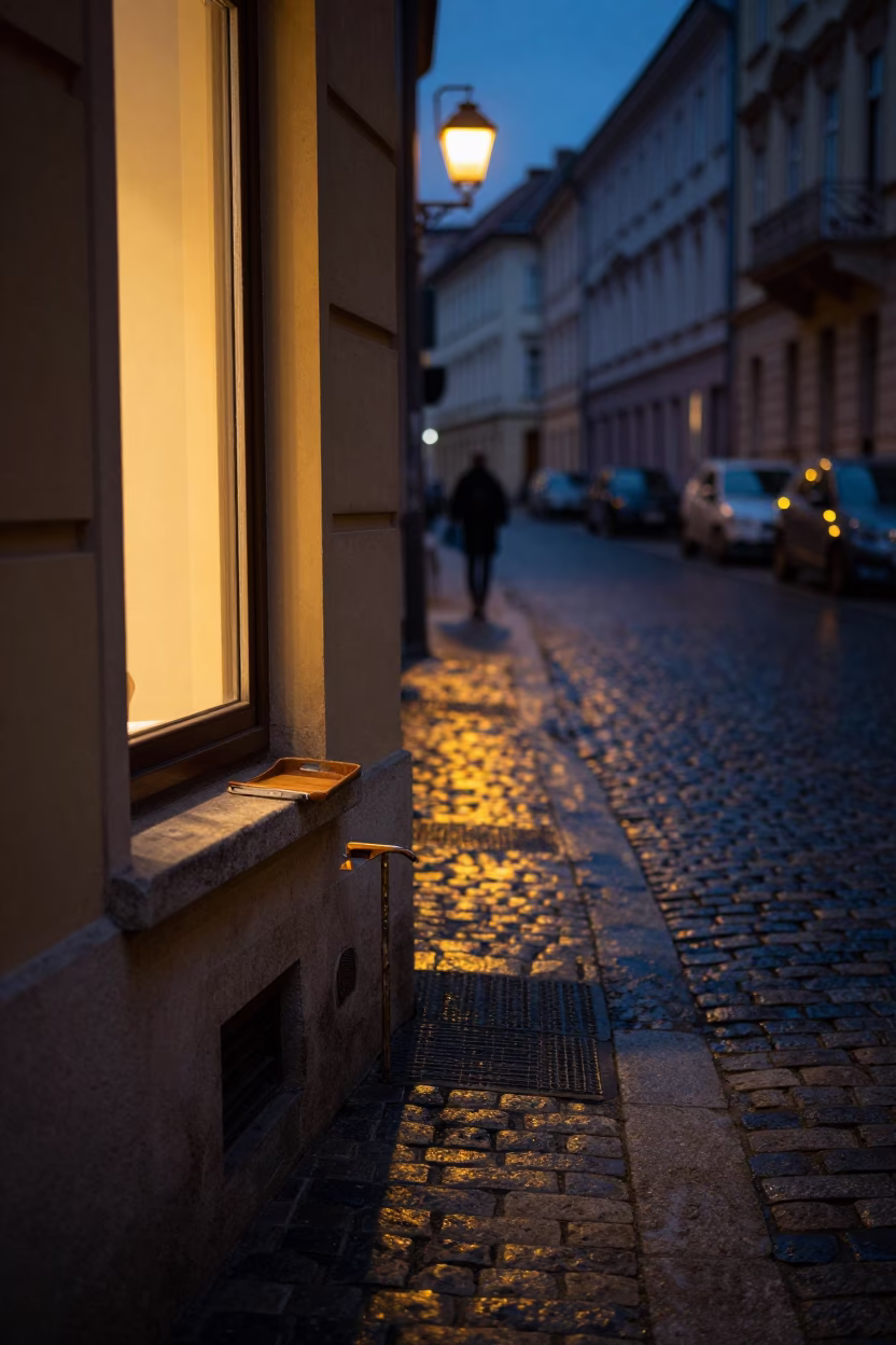 Predawn Budapest Street Scene with Warm Window Light and Urban Details in in Budapest, Hungary