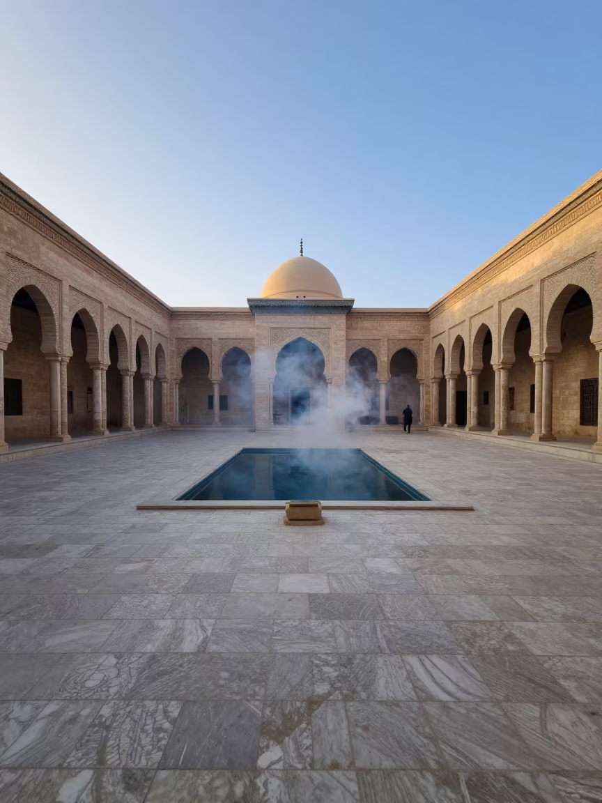 Predawn Buddhist Temple Courtyard Tunisia Pool in at the edge of a sacred pool in Tunisia