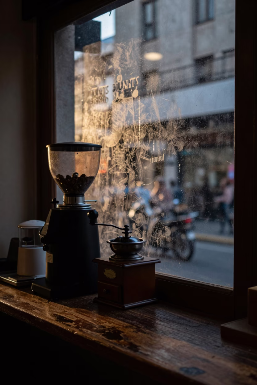 Predawn Buenos Aires Cafe Interior with Coffee Grinder and Smudged Window in in Buenos Aires, Argentina