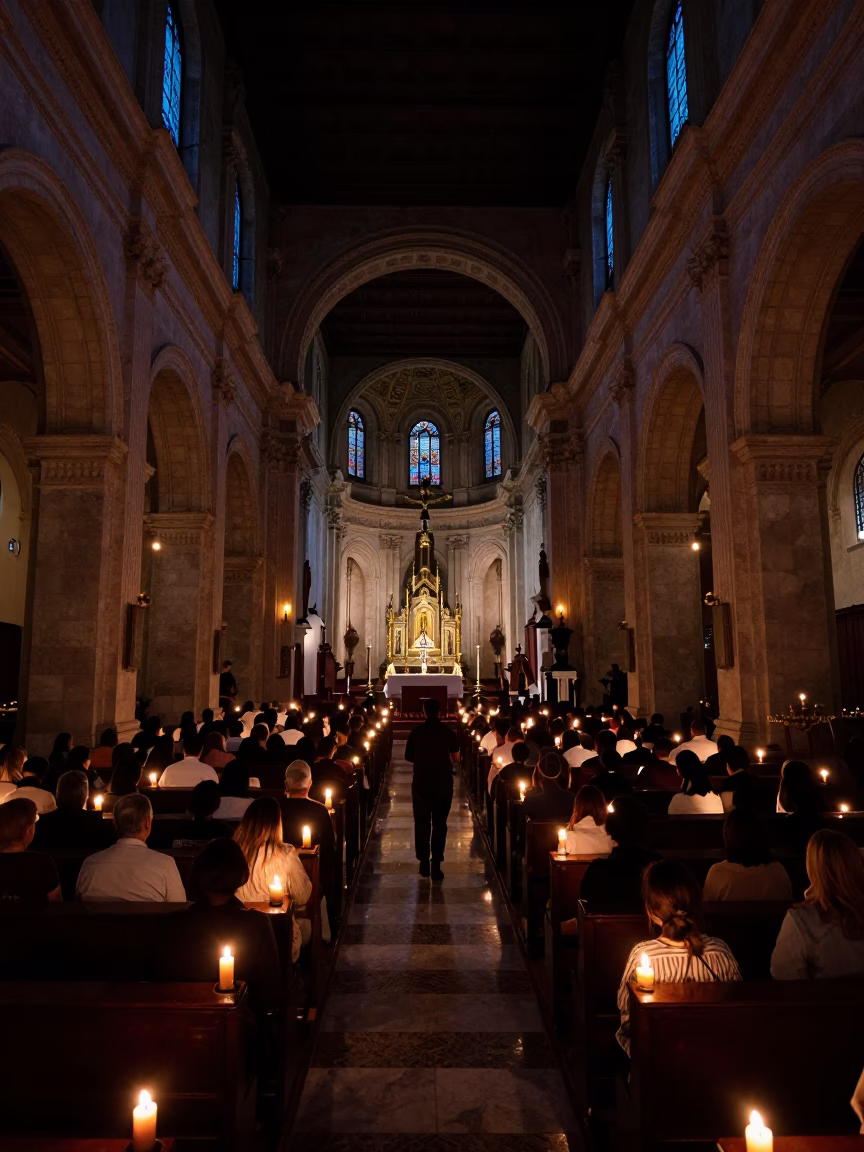 Predawn Buenos Aires Catholic Easter Vigil Candlelight Mass Interior Scene in in Buenos Aires, Argentina