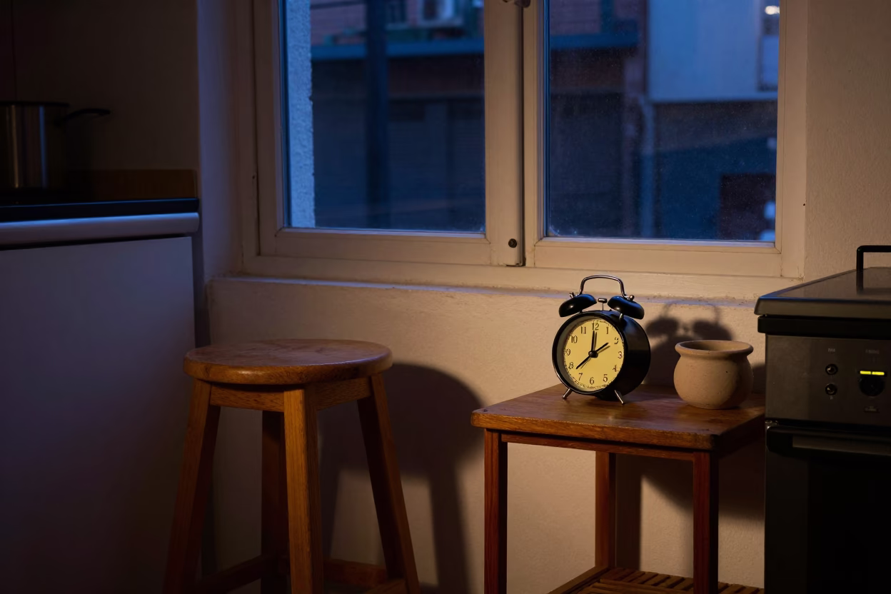 Predawn Buenos Aires Kitchen Interior with Alarm Clock and Clay Cup in in Buenos Aires, Argentina