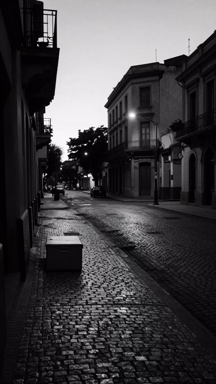 Predawn Buenos Aires Street Corner with Domino Box and Cobblestone Details in in Buenos Aires, Argentina