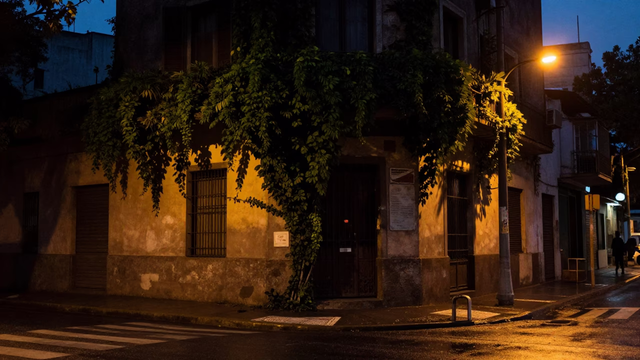 Predawn Buenos Aires street corner with ivy vines and local morning routine in in Buenos Aires, Argentina