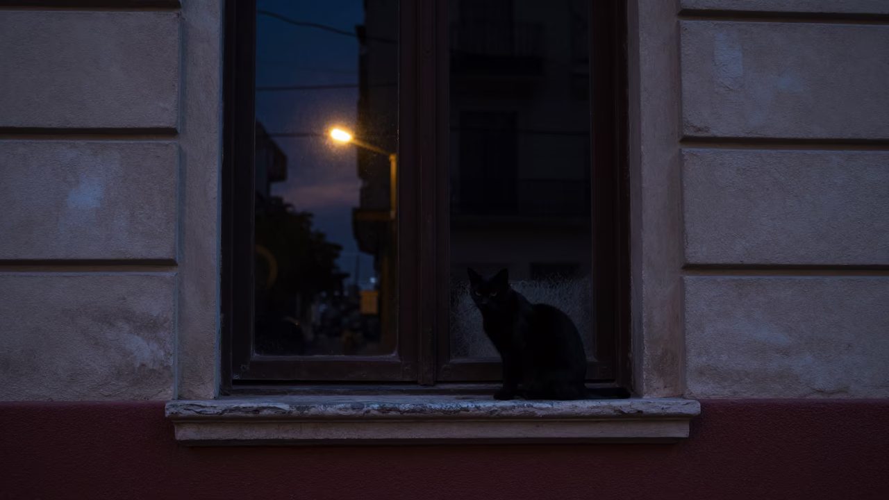 Predawn Buenos Aires Street Scene with Black Cat on Window Sill and Accordion in in Buenos Aires, Argentina