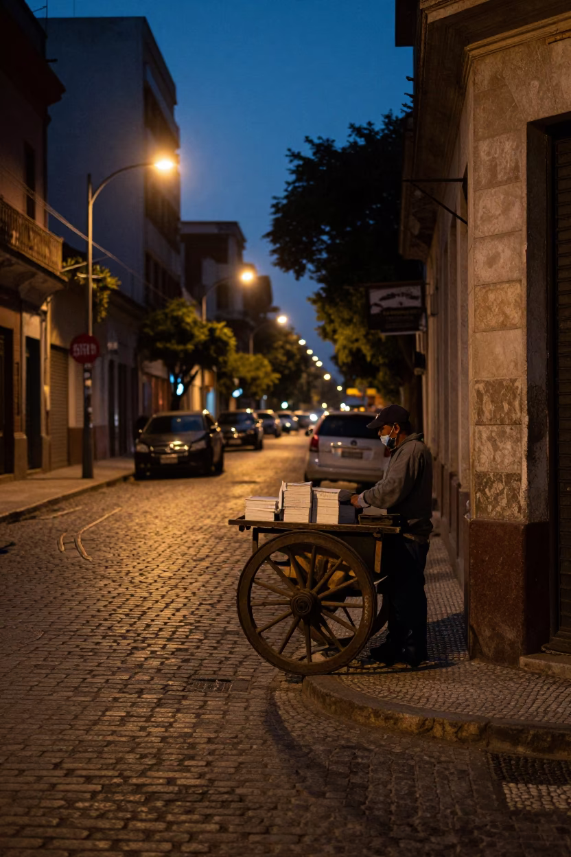 Predawn Buenos Aires Street Scene with Caster Wheel and Paperbacks in in Buenos Aires, Argentina