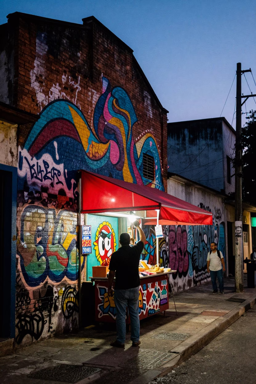 Predawn Buenos Aires street scene with colorful graffiti and urban architecture in in Buenos Aires, Argentina