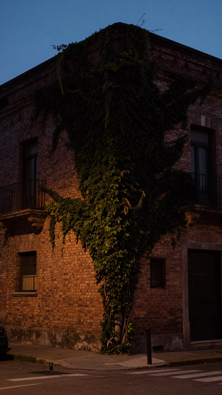 Predawn Buenos Aires Street Scene with Ivy and Brick Architecture in in Buenos Aires, Argentina