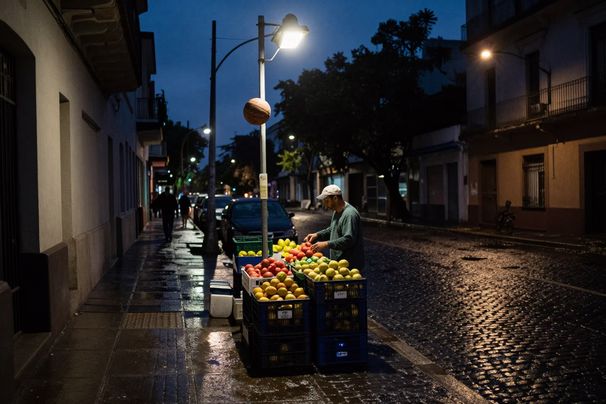 Predawn Buenos Aires Street Scene with Old Leather Basketball and Urban Activity in in Buenos Aires, Argentina