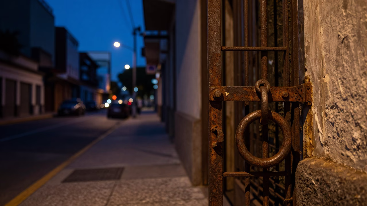 Predawn Buenos Aires Street Scene with Turnbuckle and Water Rings on Rail in in Buenos Aires, Argentina