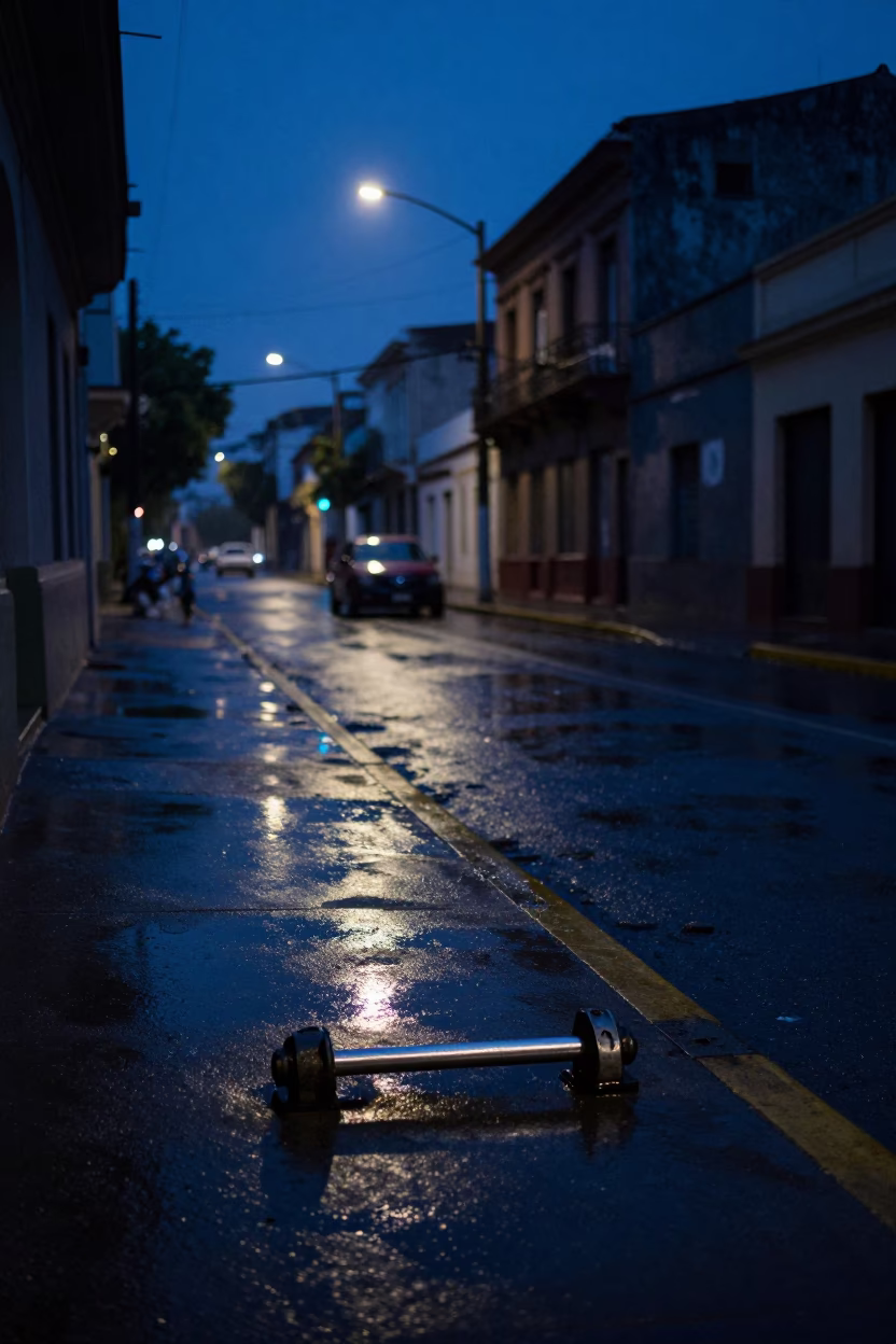 Predawn Buenos Aires street scene with turnbuckle and wet pavement reflections in in Buenos Aires, Argentina