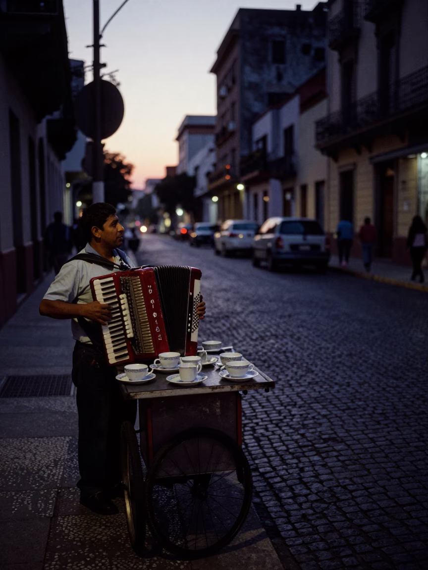 Predawn Buenos Aires Street Scene With Vintage Accordion And Teacups in in Buenos Aires, Argentina