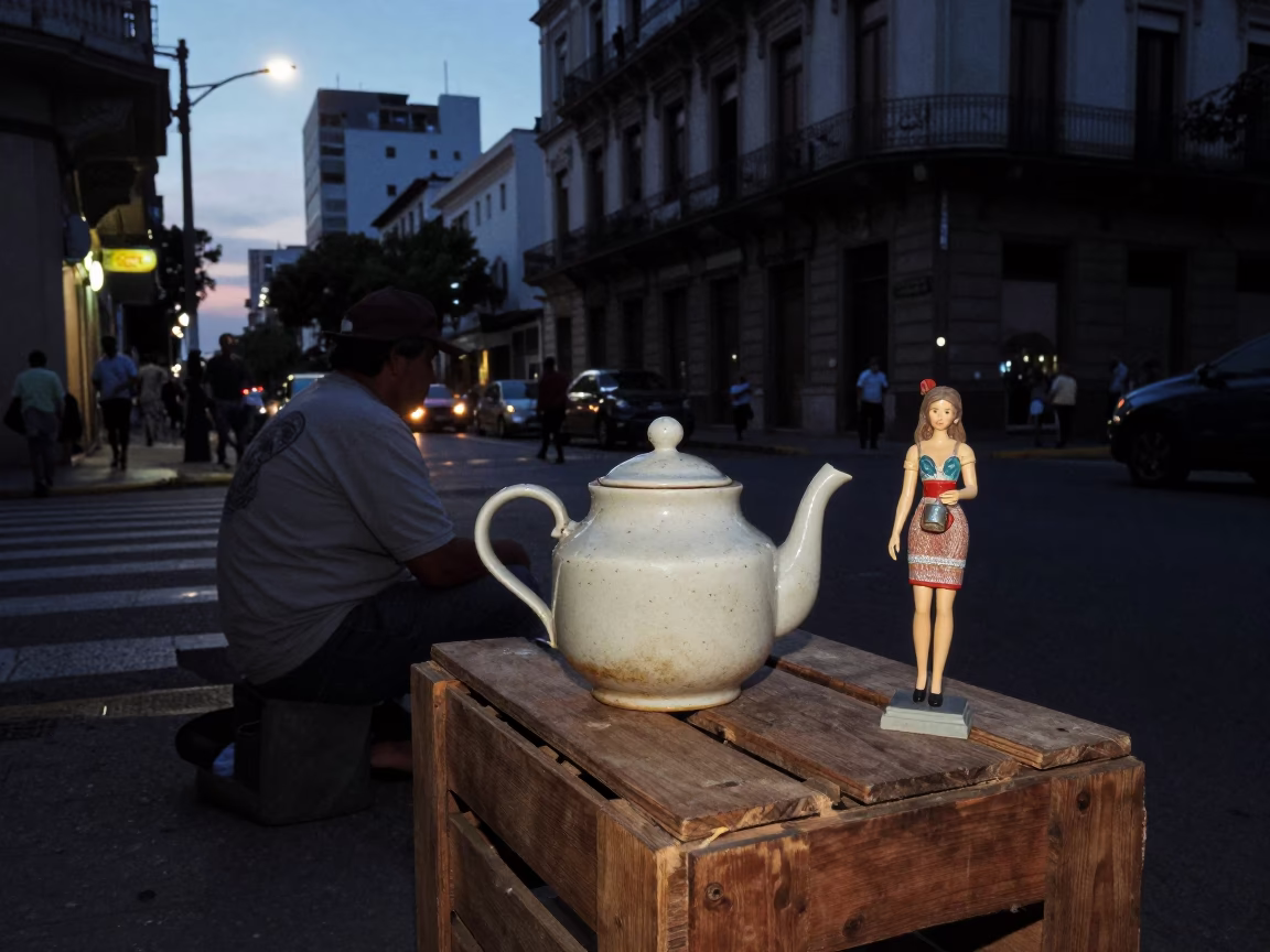 Predawn Buenos Aires Street Scene with Vintage Teapot and Model Ship in Market Stall in in Buenos Aires, Argentina