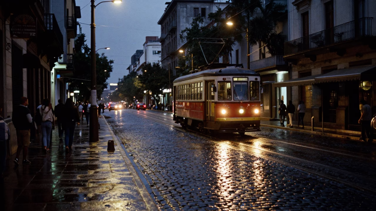 Predawn Buenos Aires Street Scene with Wet Cobblestones and Tram Reflections in in Buenos Aires, Argentina