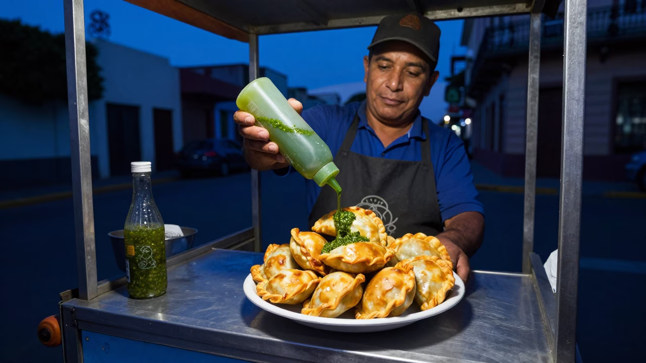 Predawn Buenos Aires Street Vendor Selling Empanadas and Chimichurri in in Buenos Aires, Argentina