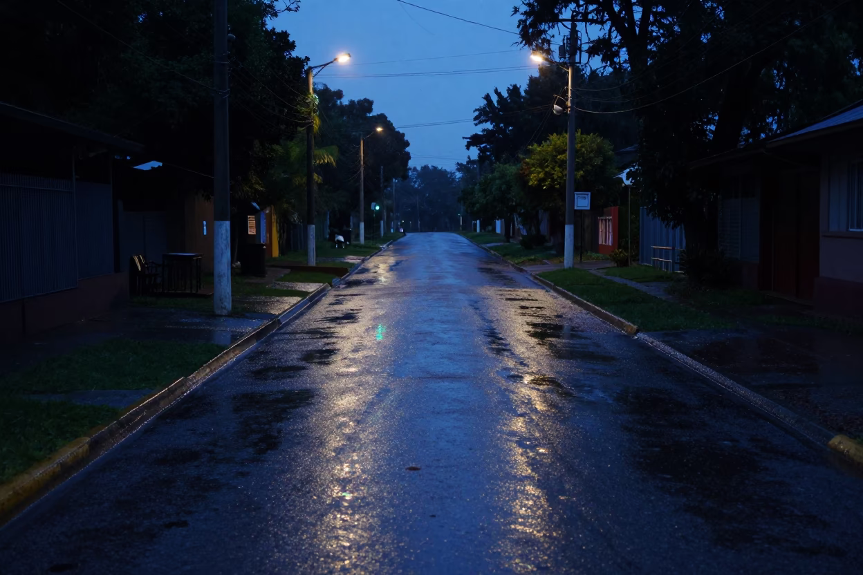 Predawn Buenos Aires Substation Access Road Puddled with Oil Sheen Rainwater in in Buenos Aires, Argentina