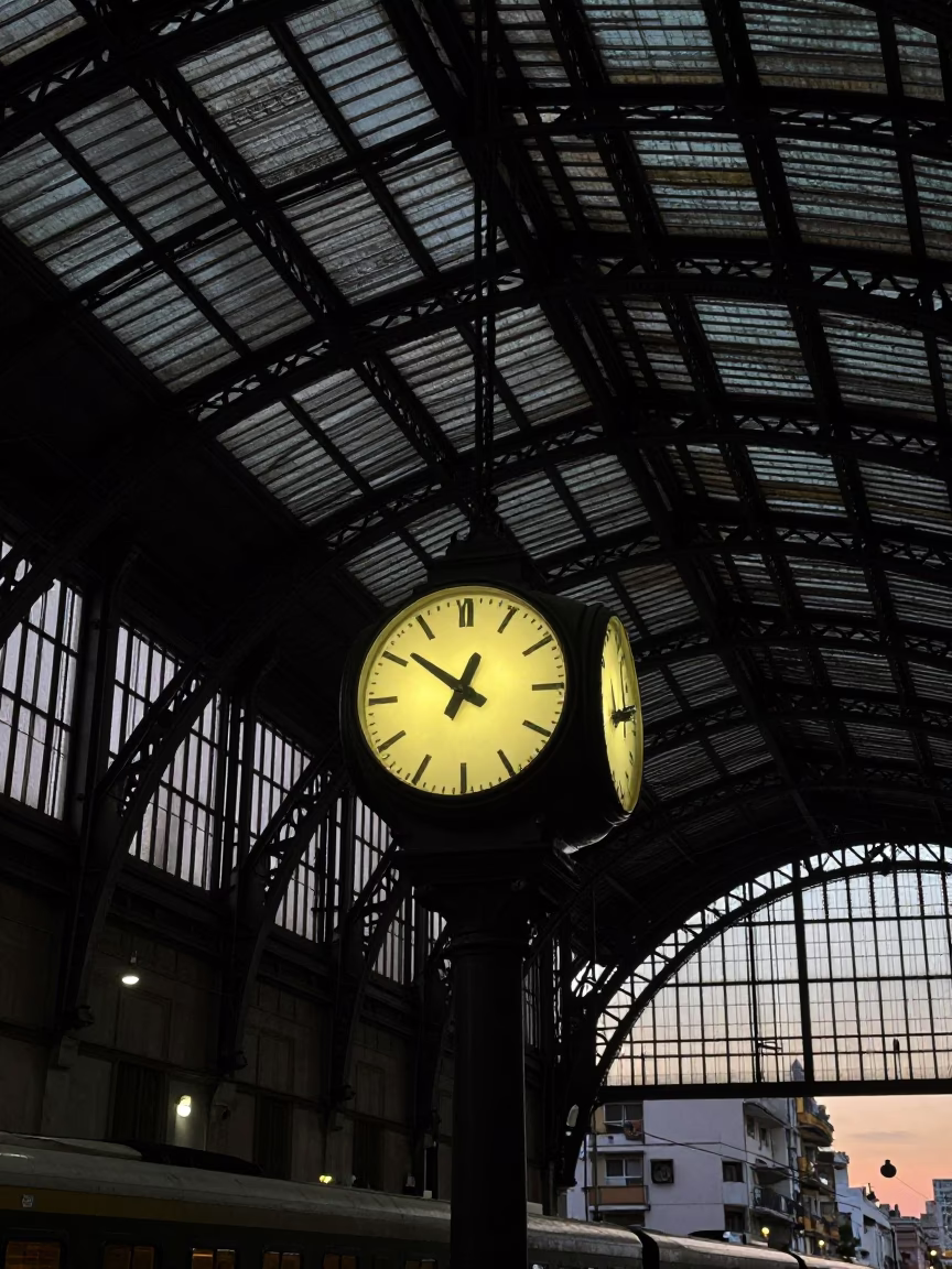 Predawn Buenos Aires Train Station Clock Under Vaulted Iron Roof in in Buenos Aires, Argentina