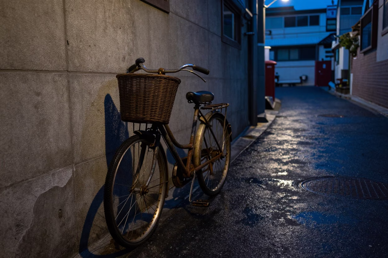 Predawn Busan Alleyway with Bicycle Basket and Grease Sheen on Wet Tile in in Busan, South Korea