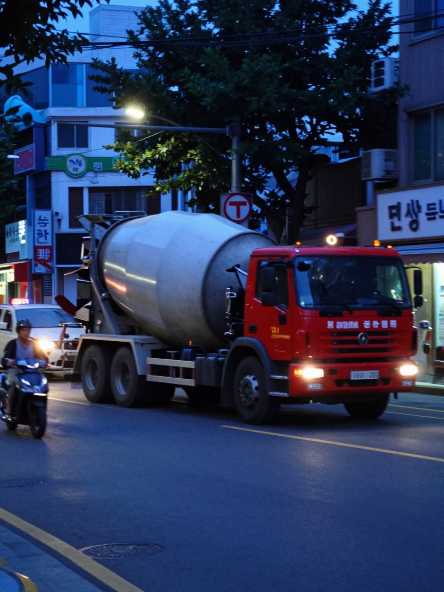 Predawn Busan Street Scene with Cement Mixer and Red Lacquered Wood Details in in Busan, South Korea