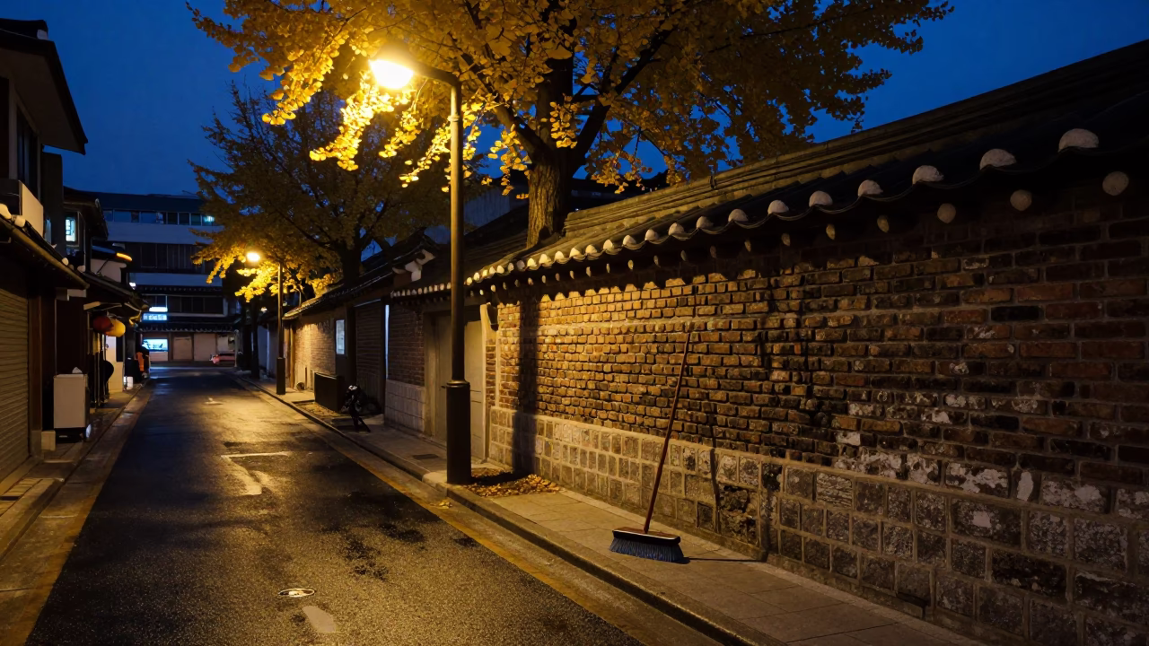Predawn Busan Street Scene with Coat Brush and Ginkgo Shadows in in Busan, South Korea