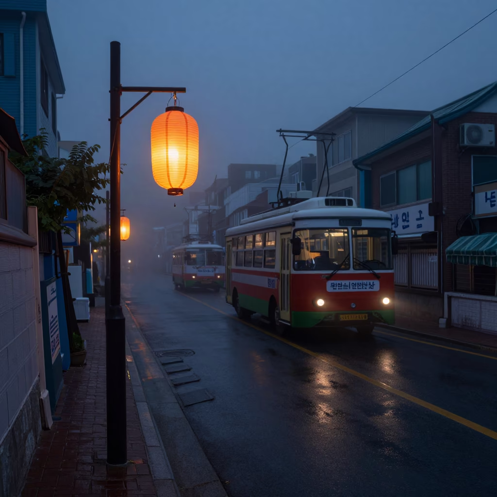 Predawn Busan Street Scene with Lantern and Funicular Amidst Early Morning Mist in in Busan, South Korea