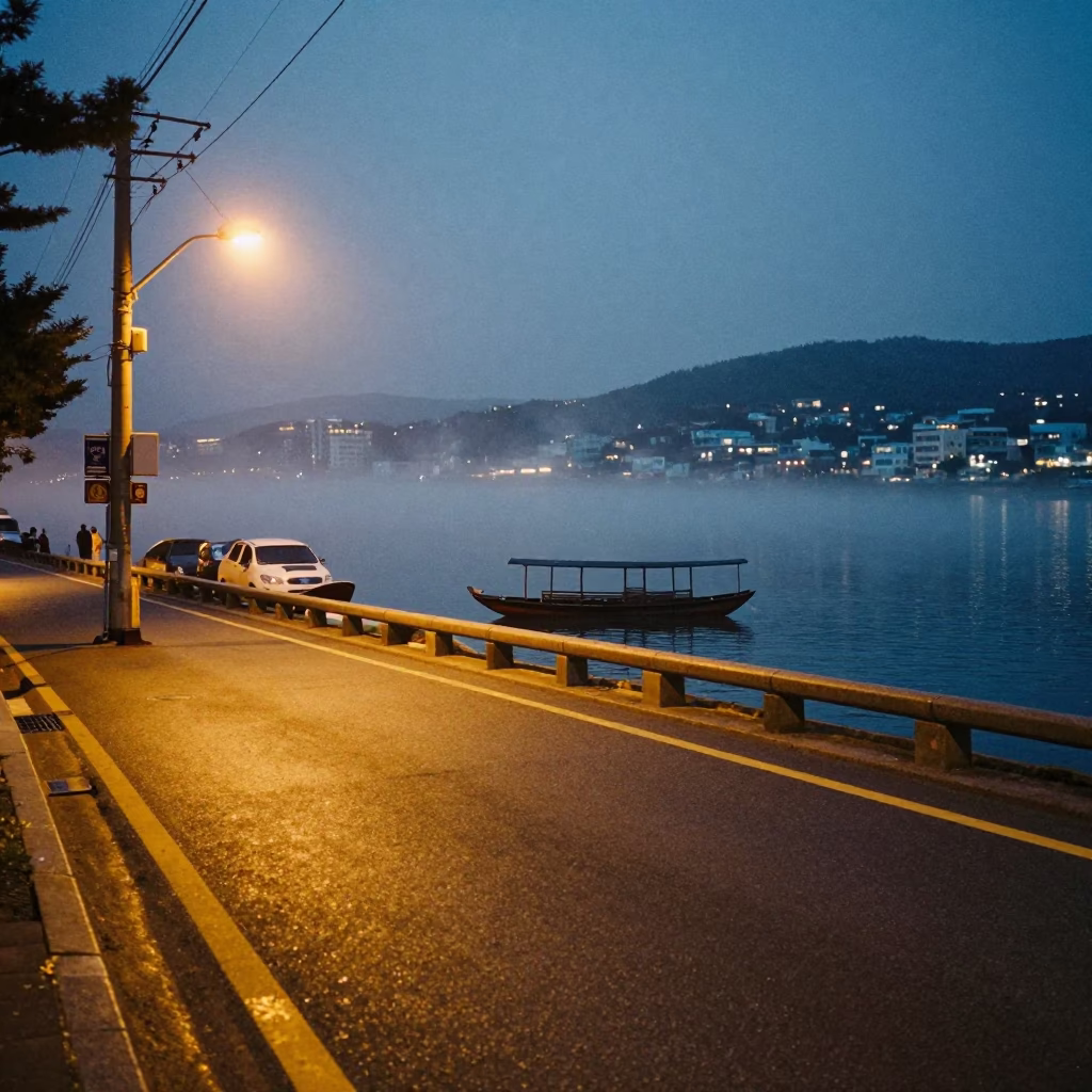 Predawn Busan Street Scene with Night-Light and Misty River View in in Busan, South Korea