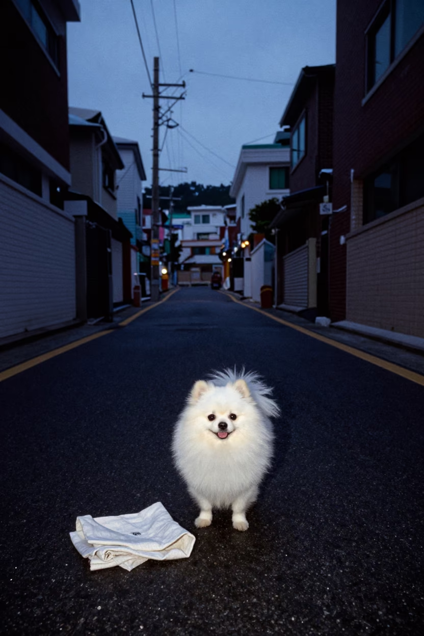 Predawn Busan Street Scene with Pomeranian and Linen Napkin in in Busan, South Korea