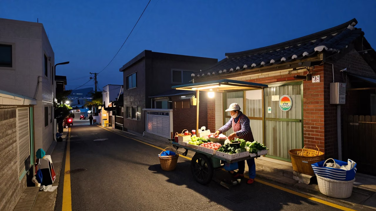 Predawn Busan Street Scene with Woven Basket and Striped Towel in in Busan, South Korea