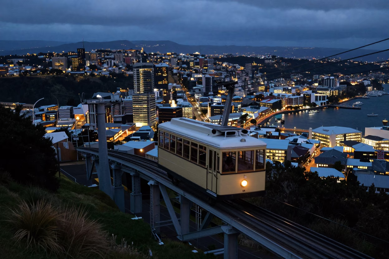 Predawn Cable Car Descent Over Wellington New Zealand City Lights in in Wellington, New Zealand