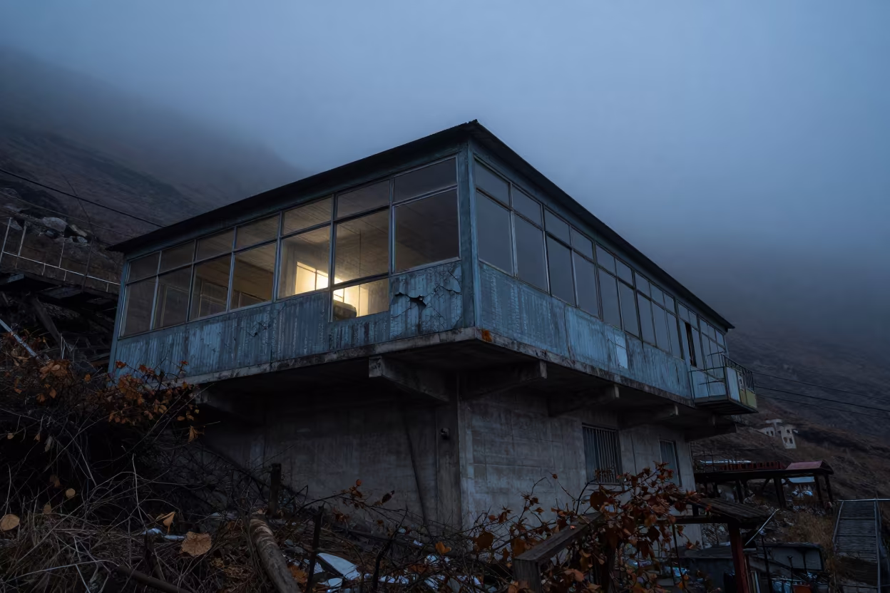 Predawn Cable Car Terminus Tibet Mist in along a switchback approach in Tibet