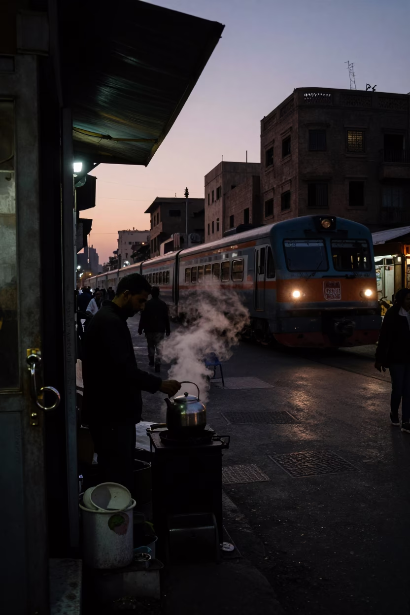 Predawn Cairo Street Scene with Commuter Train and Early Morning Activity in in Cairo, Egypt
