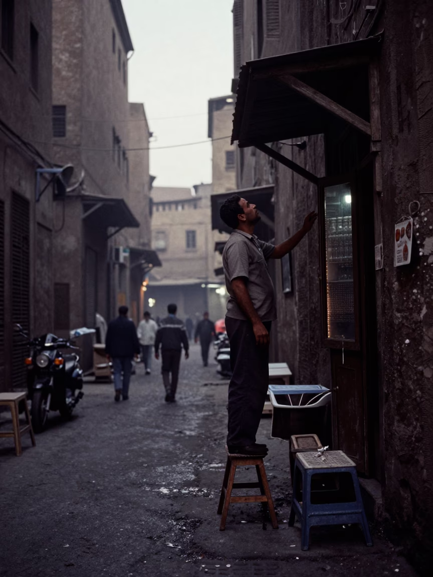 Predawn Cairo Street Scene with Condensation and Step Stool in in Cairo, Egypt