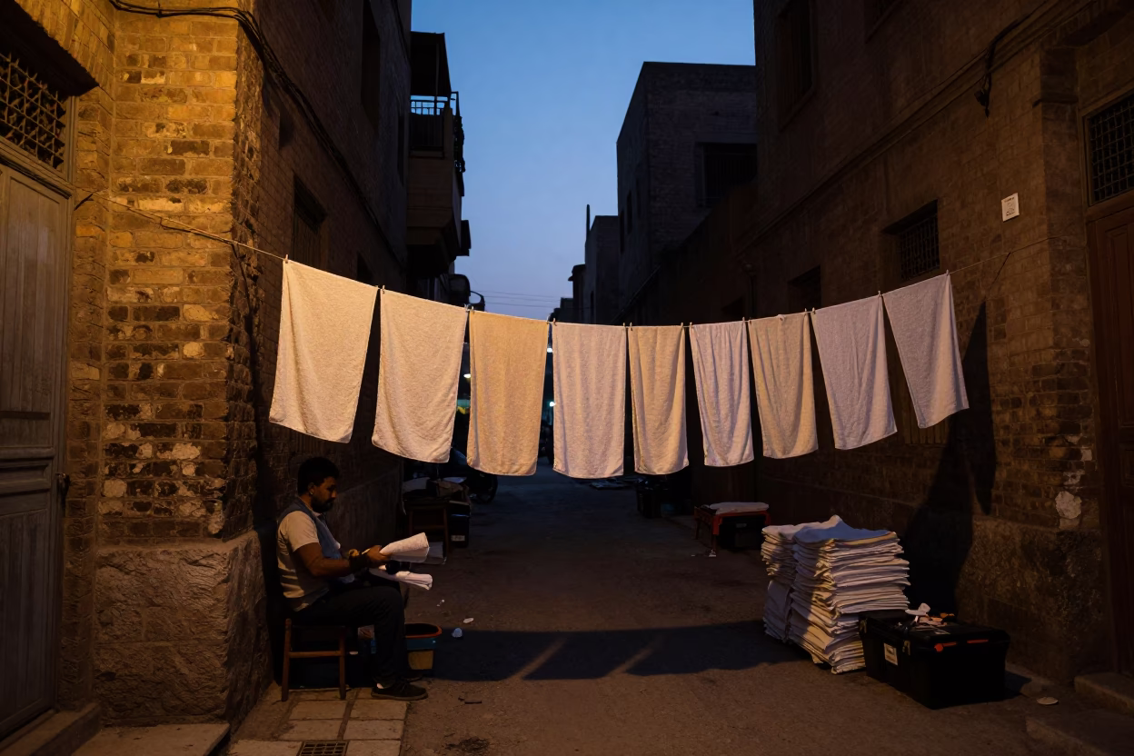 Predawn Cairo Street Scene with Drying Towels and Toolbox in Egypt in in Cairo, Egypt
