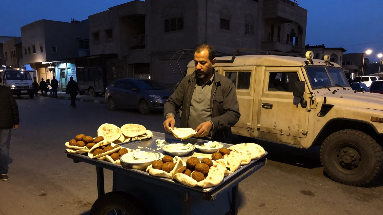 Predawn Cairo Street Scene with Falafel Vendor and Humvee in Darkness in in Cairo, Egypt